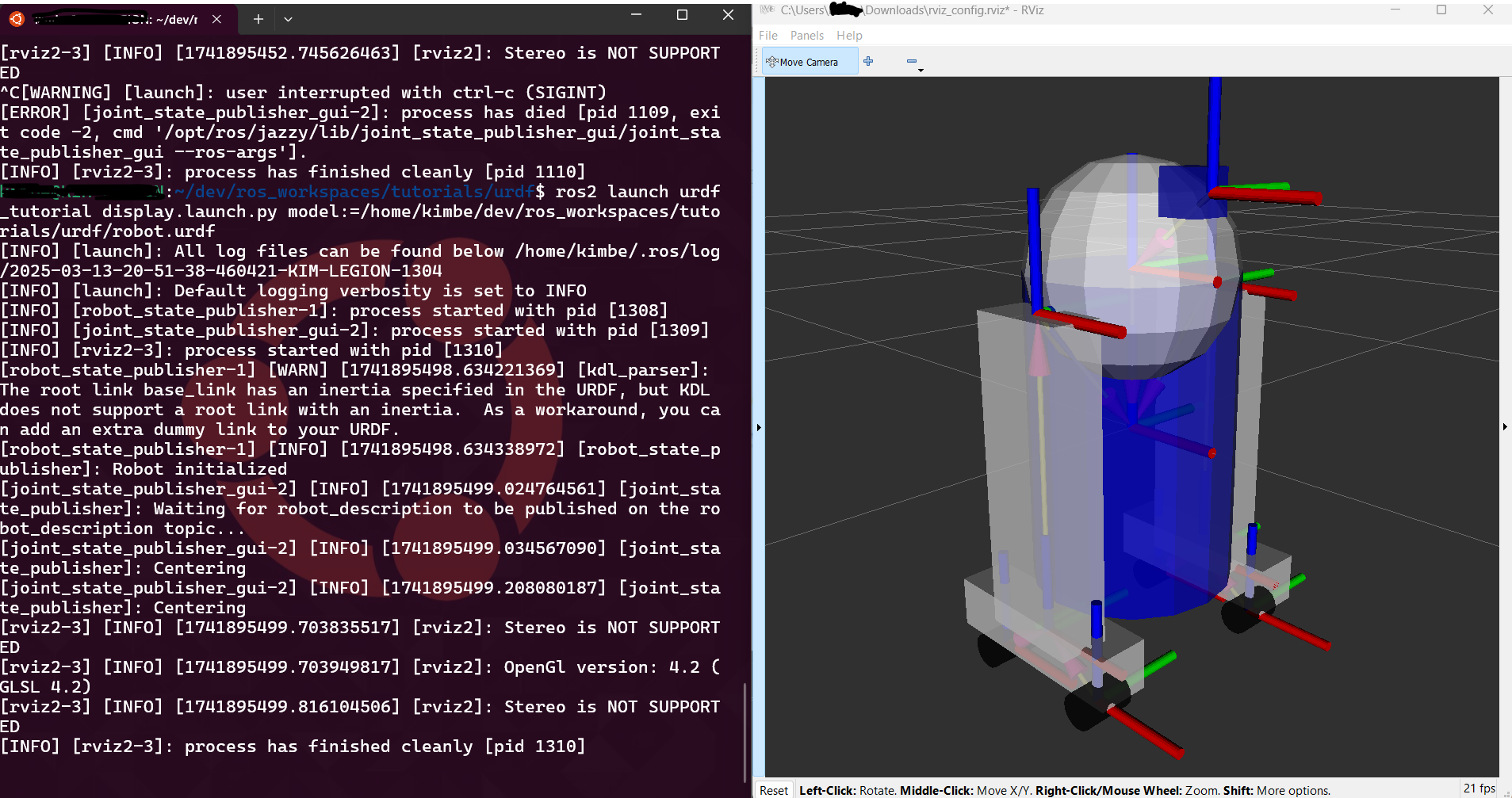 One terminal in the windows sub system startin up a robot description and ROS 2 natively on Windows running rviz2