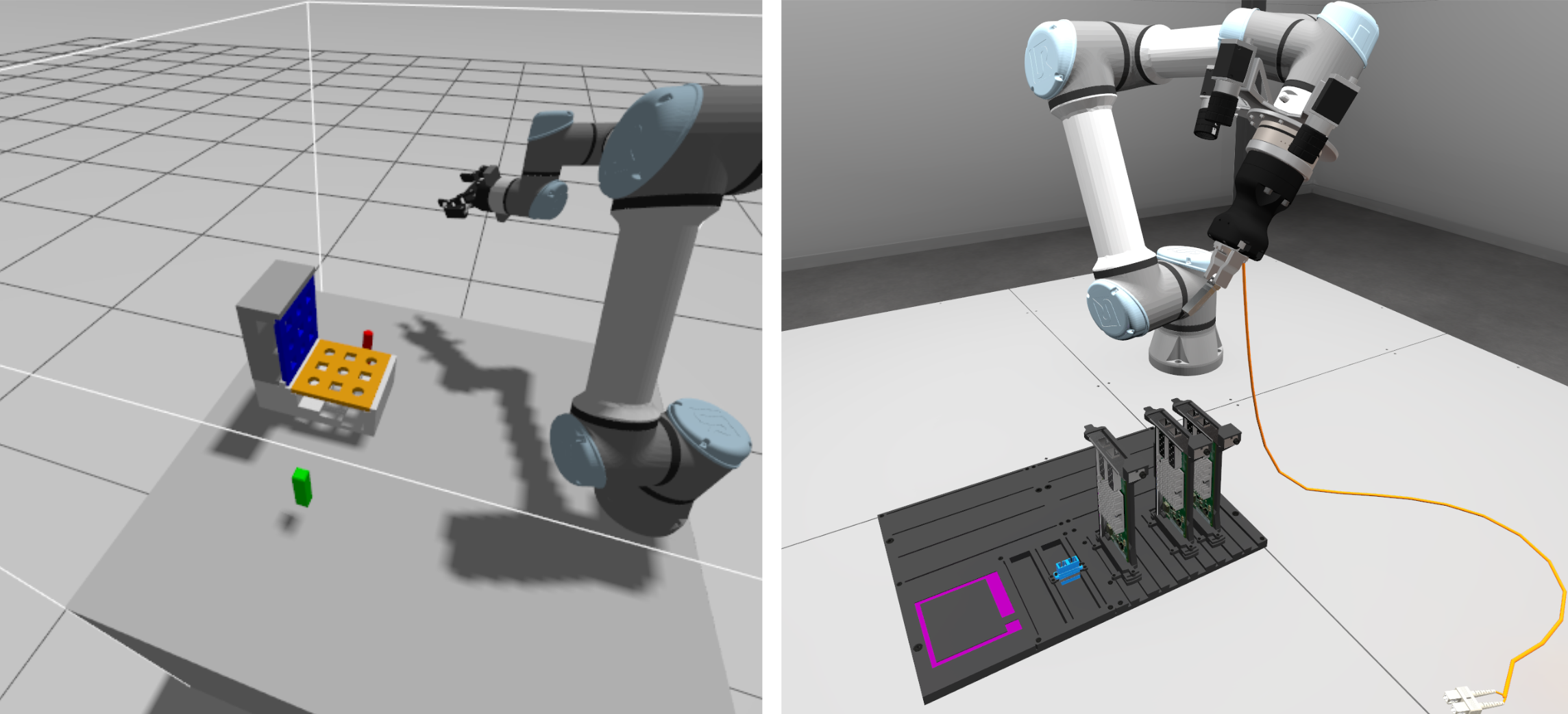 Side by side comparison of our own simulated UR arm with the NIST pegboard, and the official AIC toolkit arm with the server slot task board and orange cable