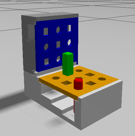 The official NIST pegboard, with its orange peg plate and blue board, adjusted for Gazebo Ionic