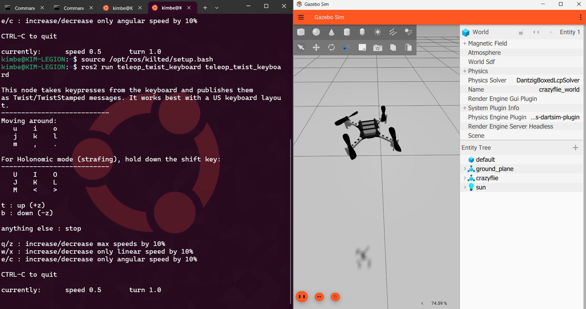 One terminal running teleop on WSL2 and Gazebo running on gazebo native with a quadcopter model
